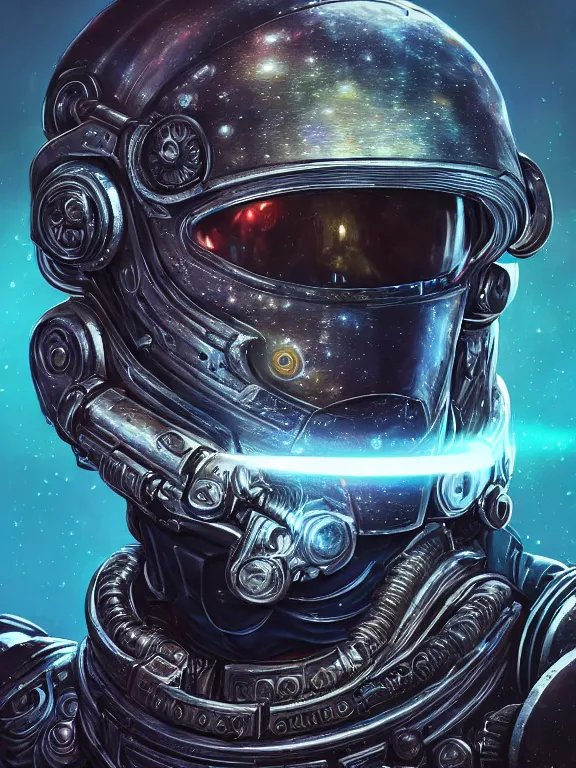 Image similar to portrait art of 8k ultra realistic retro futuristic space marine , galaxy reflected helmet , detailed intricate ornate armour,eldritch horror,blade runner, cybernetic, full of colour, cinematic lighting, battered, trending on artstation, 4k, hyperrealistic, focused, extreme details,unreal engine 5, cinematic, masterpiece, art by ayami kojima, giger