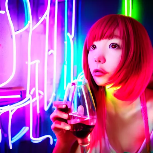 Image similar to anime girl drinking wine from a neon bar