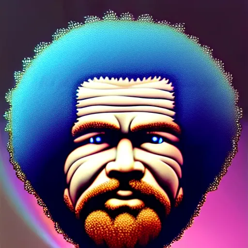 Prompt: bob ross chia pet with extremely large and intricate eye cyberpunk bionics with angry blue eyes and slim features looking askance, eye cyberpunk bionics, retro futurist style, intricate, elegant gleaming intricate baroque jewelry, angelic halo, highly detailed, digital painting, artstation, concept art, smooth, sharp focus, illustration, art by wlop, ravelo and rutkowski