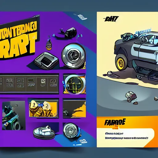 Image similar to car engine, car parts concept, card, comic page, realistic fortnite, ui card