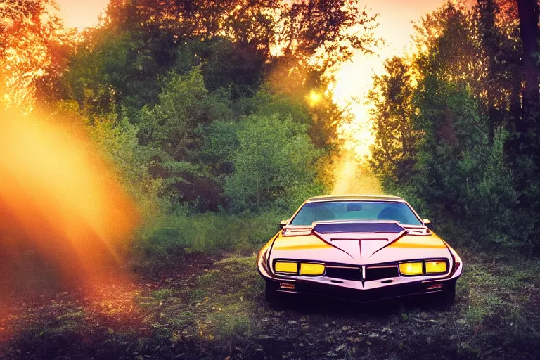 Image similar to pontiac firebird with grafitti tag on side, sunrise, dramatic, cinematic, forest, sunbeams, volumetric lighting, wide shot, low angle, pokemon looking at car