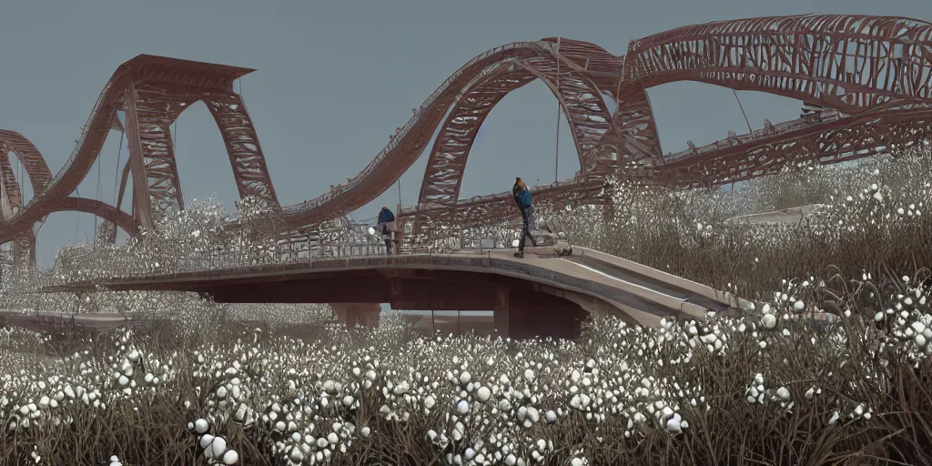 Image similar to a big bridge destroyed by cotton plants, 3 d octane render, epic lighting, 8 k, by goro fujita