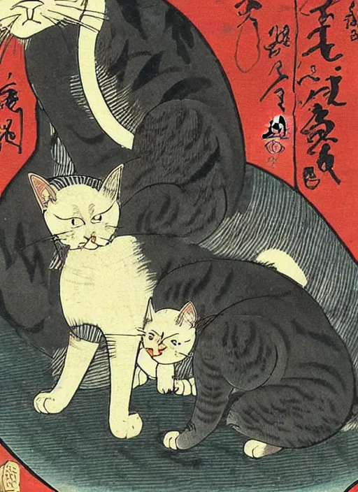 Image similar to a cat with 2 baby cats of utagawa hiroshige