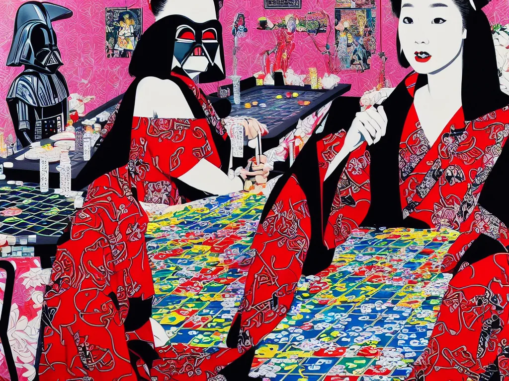 Image similar to hyperrealism composition of the detailed woman in a japanese kimono sitting at an extremely detailed poker table with darth vader, fireworks on the background, pop - art style, jacky tsai style, andy warhol style, acrylic on canvas