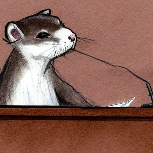 Prompt: courtroom sketch of a ferret giving testimony