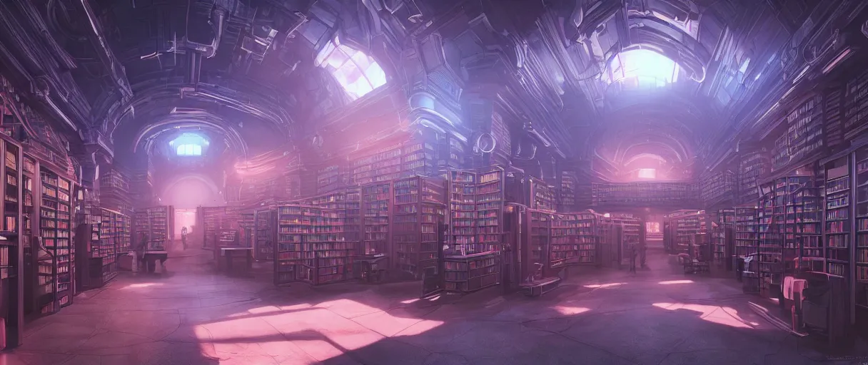 Prompt: hyperrealistic cyberpunk library hall, very detailed, technology, cyberpunk, dark blue and pink volumetric light, cgsociety, in the style of artgerm and artstation