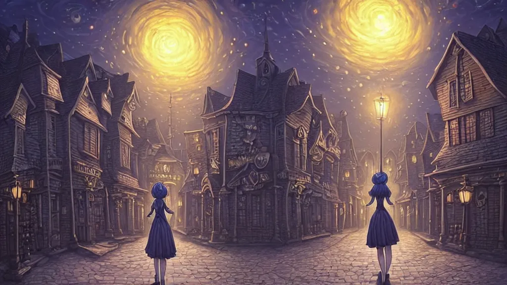 Image similar to lady dressed in short skirt walks in empty lovecraftian town square surrounded by houses and inns.. cthulhu statue.. lovecraftian city at night by cyril rolando and naomi okubo and dan mumford and ricardo bofill.. lovecraft.. cobbled streets.. oil lamp posts.. lovecraftian.. starry night swirly sky.