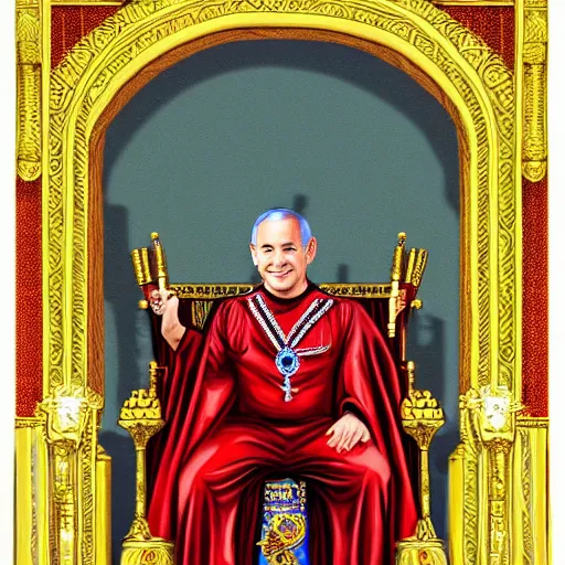 Prompt: portrait of Benjamin Netanyahu sitting on an ornate throne wearing a red furred cape and a crown grasping a royal ornate rod, vivid rich colors, ambient lighting, dynamic lighting, official media, HQ, detailed
