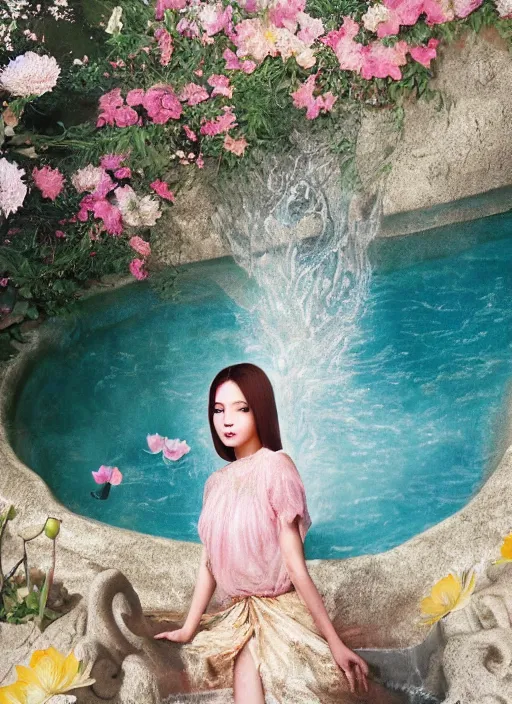 Image similar to Kodak Portra 400, 8K, soft light, volumetric lighting, highly detailed, KPOP style 3/4 ,portrait photo of LalisaManobal princess, the face emerges from a thermal water flowing down gold travertine terraces, with lotus flowers, inspired by Ophelia paint , a beautiful luxurious royal suit, intricate hair with highly detailed realistic beautiful flowers , Realistic, Refined, Highly Detailed, ethereal lighting colors scheme, outdoor fine art photography, Hyper realistic, photo realistic