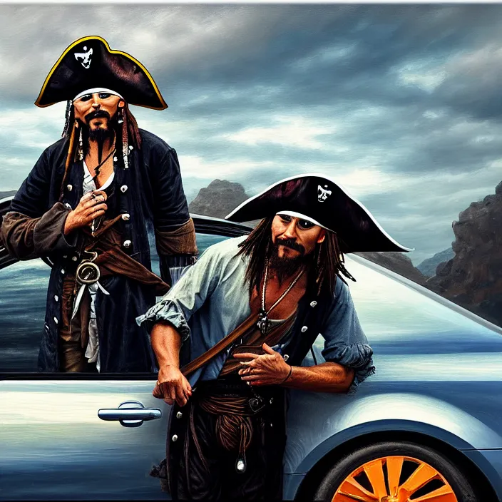 Image similar to a pirate downloading a car, oil on canvas, dramatic lighting, comedy, 8 k