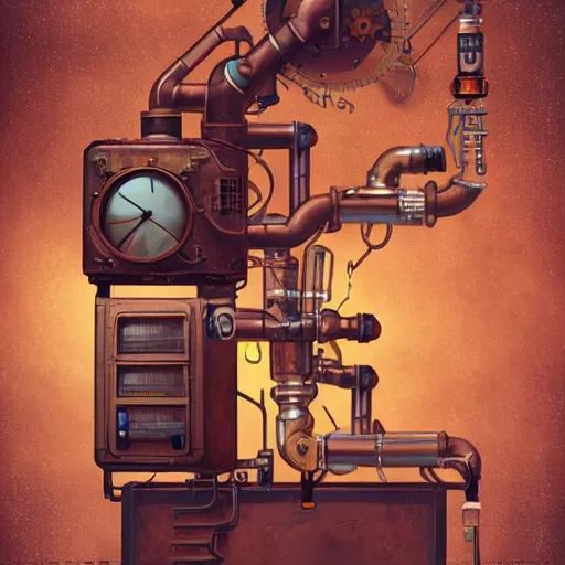 Image similar to A random pointless contraption ((steampunk)) industrial appliance pneumatic machine with no apparent purpose, being operated by a scholarly looking man with a clear directed gaze, artwork by Petros Afshar