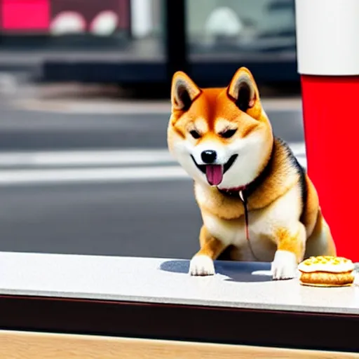 Prompt: A shiba inu eating a big mac at mcdonalds