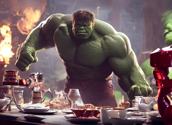 Image similar to film still of hulk having a tea party in the new avengers movie, 4 k