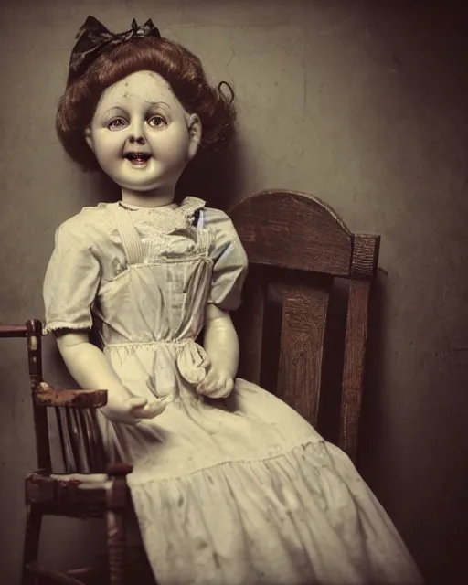 Image similar to portrait of a creepy smiling antique porcelain doll with white eyes wearing a dirty dress with long wet black hair sitting in a rocking chair next to a child’s bed in a dimly lit filthy room in an abandoned old asylum at night, 8k octane render, cinematic, dramatic lighting, volumetric lighting, Craig Mullins, vintage photo, 1890