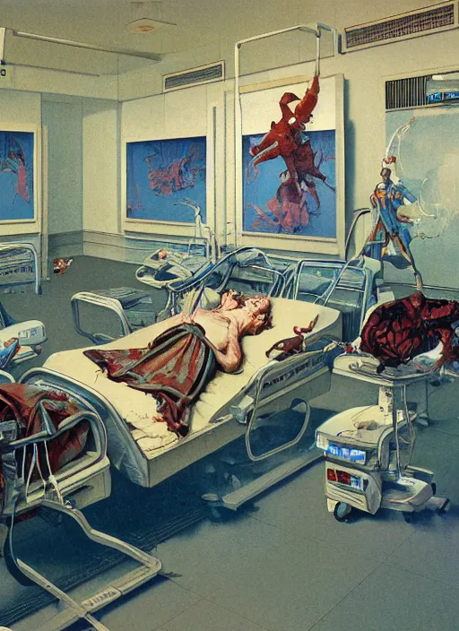 Prompt: realistic detailed image of a hospital apointment and oxygen tanks in the style of Francis Bacon, Surreal, Norman Rockwell and James Jean, Greg Hildebrandt, and Mark Brooks, triadic color scheme, By Greg Rutkowski, in the style of Francis Bacon and Syd Mead and Edward Hopper and Norman Rockwell and Beksinski, open ceiling, highly detailed, painted by Francis Bacon, painted by James Gilleard, surrealism, airbrush, Ilya Kuvshinov, WLOP, Stanley Artgerm, very coherent, art by Takato Yamamoto and James Jean