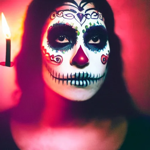 Image similar to film photograph of beautiful Mexican woman, age 20s, in sugar skull makeup, illuminated by candlelight, in a cemetary at night, cinestill 800, 85mm