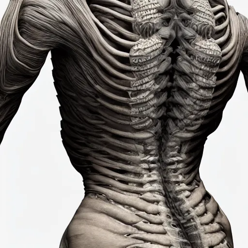 Image similar to concept of a detailed and intricate design of the back of full female anatomy wrapped in bone texture, 3d design, great finesse organic hyper detailed, engineering blueprints, stained paper, hyperrealistic, ultra detailed, 4K, octane render, unreal engine