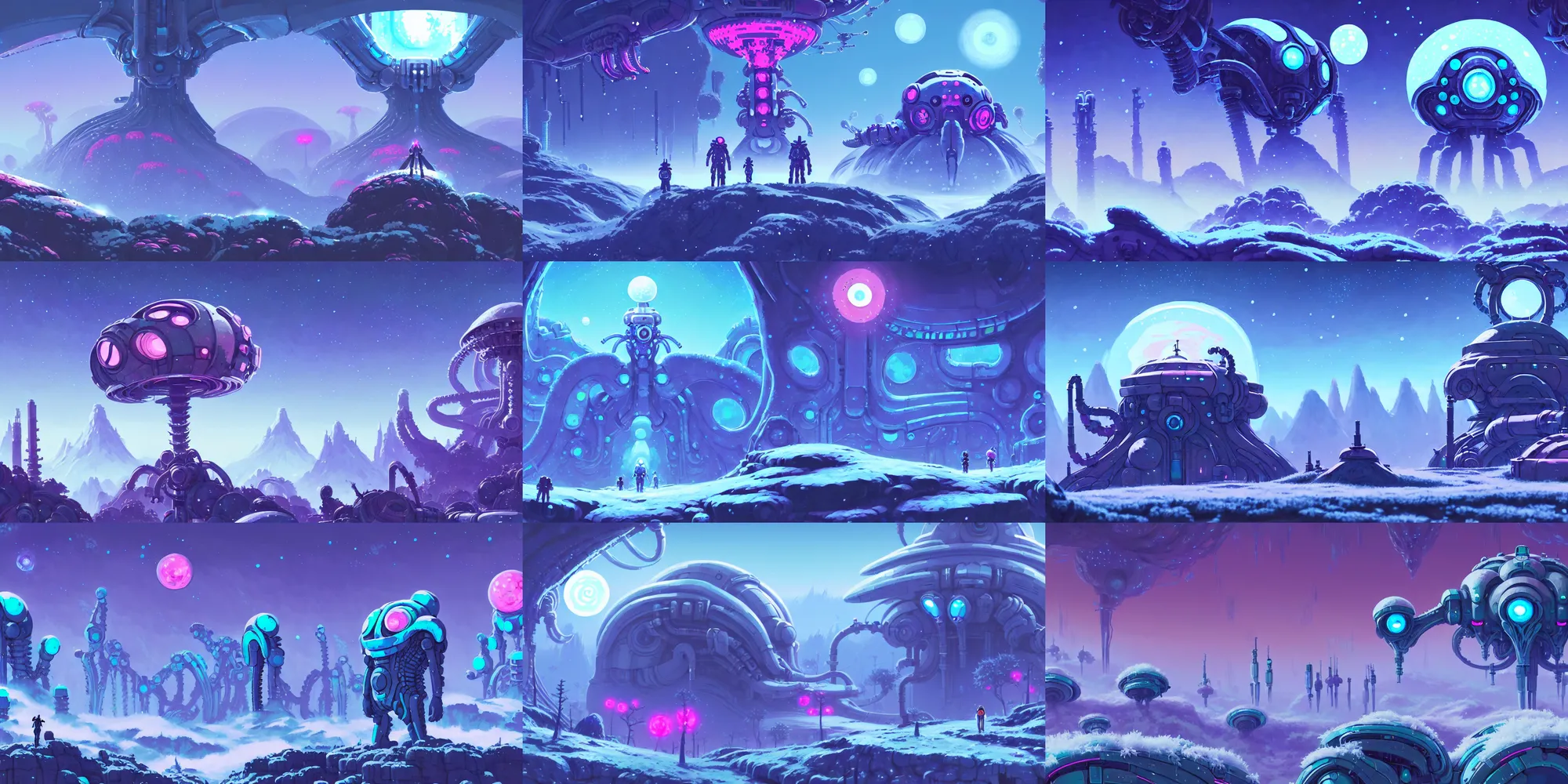 Prompt: game asset ori parallax alien scifi mechanical snow environment, studio ghibli, futuristic h. r giger, in gouache detailed paintings, props, stylized, 2 d sprites, kitbash, nature, organic, ivy, arcane, overwatch, blue and pink color scheme, 8 k, close up