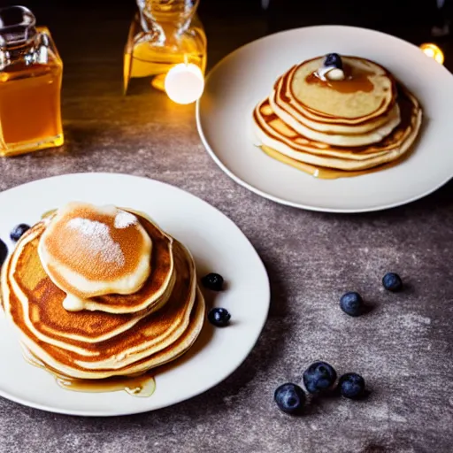 Prompt: pancakes and maple syrup on a plate, studio lighting, food ad, magazine, white lights, tasty, 4k