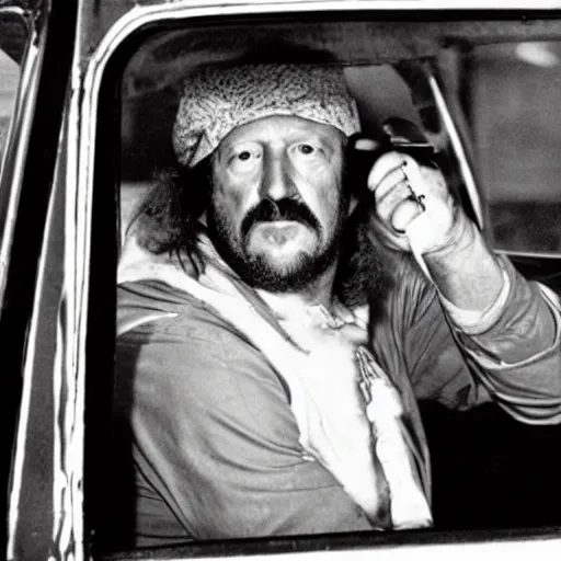 Prompt: terry funk as a taxi driver in a jim jarmusch movie