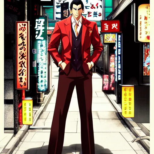 Image similar to portrait of kazuma kiryu standing in the street of kamurocho, anime fantasy illustration by tomoyuki yamasaki, kyoto studio, madhouse, ufotable, trending on artstation