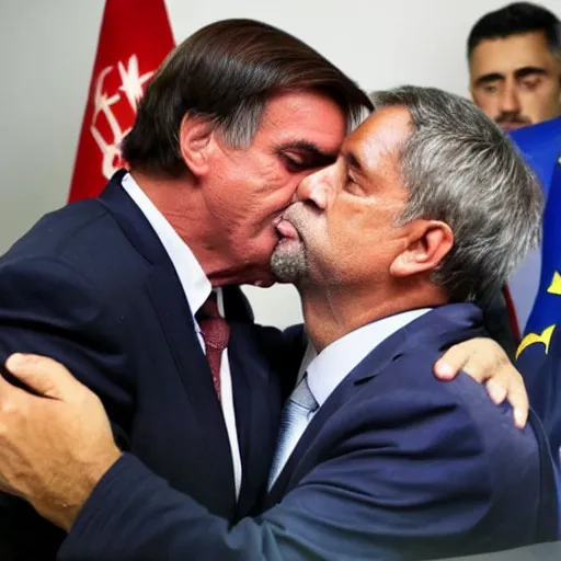 Image similar to photo of Jair Bolsonaro kissing Lula