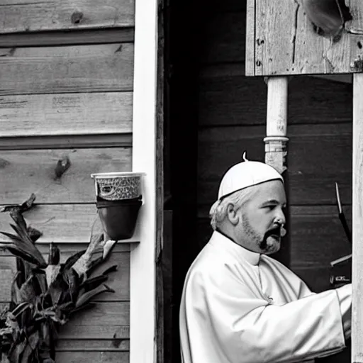 Image similar to guy fieri dressed as the pope cleaning a horse stall, a horse is staring at him while he is doing his work, award winning photo,