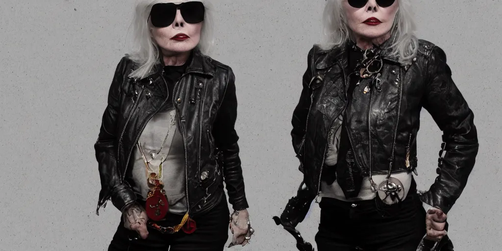 Image similar to debbie harry wanderer with tattooed arms and legs wearing a scratched leather and ripped aviator leather jeans, wearing a short black jacket with rusty medals on it, character sheet, head details, props, concept design, contrast, kim jung gi, greg rutkowski, trending on artstation, 8 k, full body, turnaround, ultra wide angle, pincushion lens effect