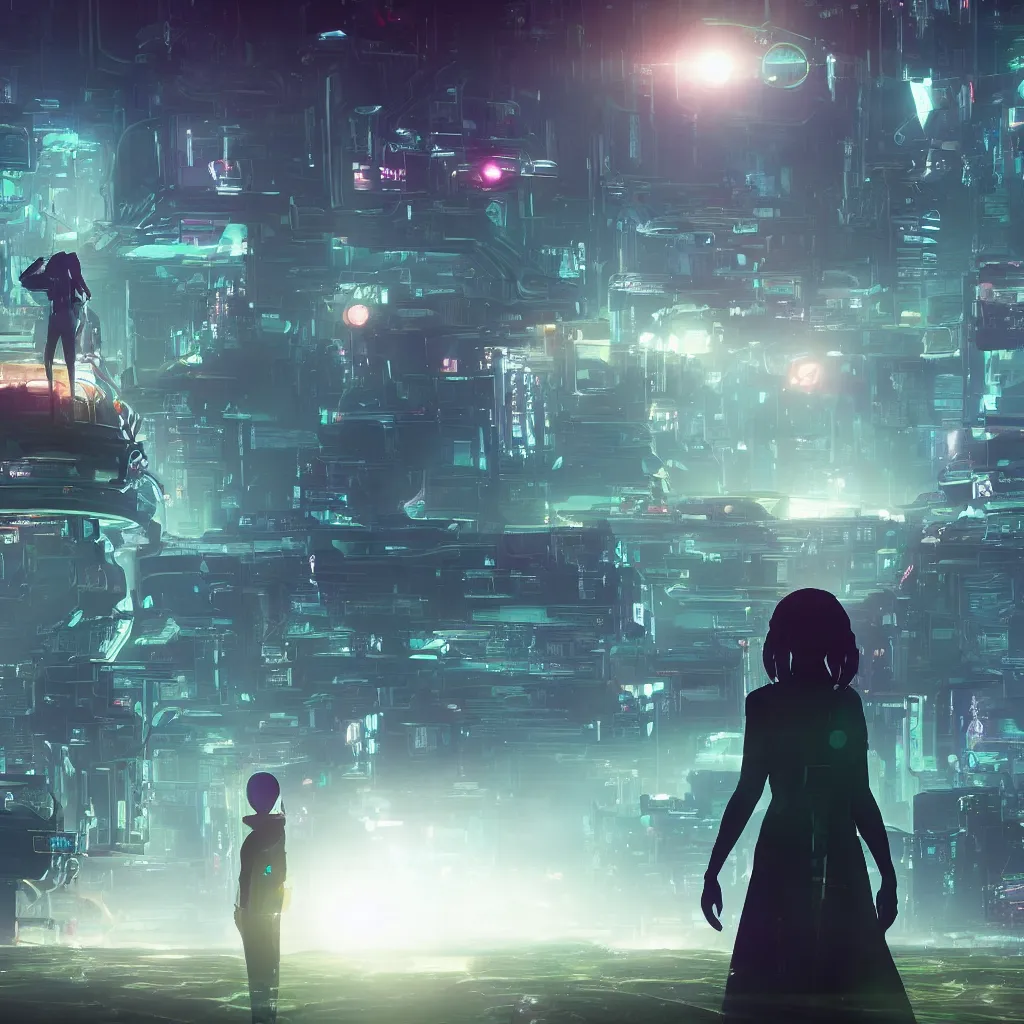 Prompt: a cinematic composition depicting : we're looking aside of a a translucid crystal android being, whos is behind their hud viewing out of their window how a high tech lush solarpunk tribe collaborating with their technologic android helpers encroaching on a distant cyberpunk world at sunrise