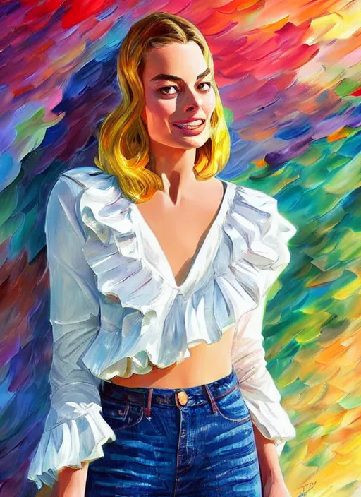 Prompt: margot robbie, frilly blouse, jeans, half body shot, path traced, highly detailed, high quality, digital painting, alena aenami, leonid afremov, lilia alvarado, shinji aramaki, karol bak, alphonse mucha, tom bagshaw