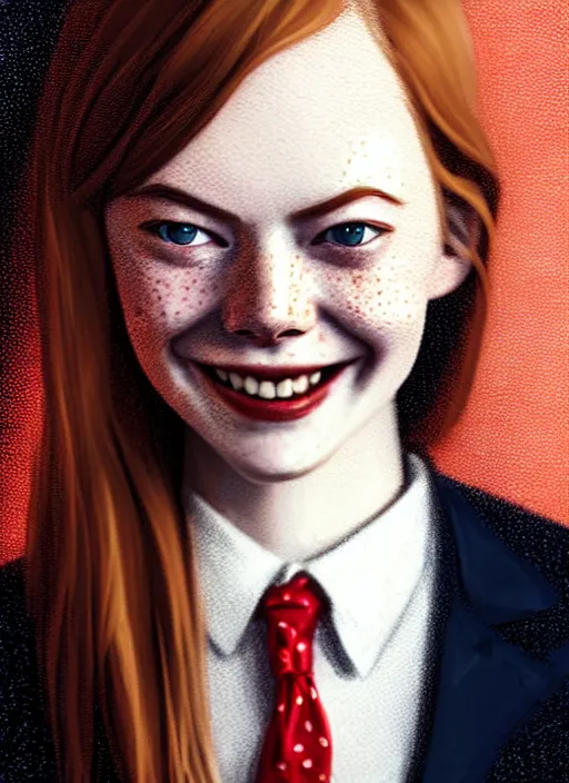 Prompt: portrait of teenage emma stone, freckles, long flowing ginger hair, white shirt and red tie, smiling kindly, friendly, 1 9 8 0 s, intricate, elegant, glowing lights, highly detailed, digital painting, artstation, concept art, smooth, sharp focus, illustration, art by wlop, mars ravelo and greg rutkowski