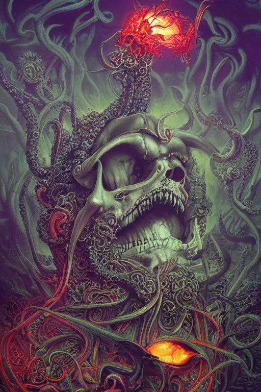 Prompt: gigantic psychedelic demonic cosmic skull of death and hell fire, alien tentacles, fantasy painting, ultra realistic, wide angle, art nouveau, intricate details, rainbowshift, vivid colors, highly detailed by peter mohrbacher, h. r. giger, maxfield parrish, gustave dore, craig mullins, octane render, cgi