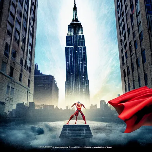 Image similar to superman vs thor infront of the empire state building. new movie poster