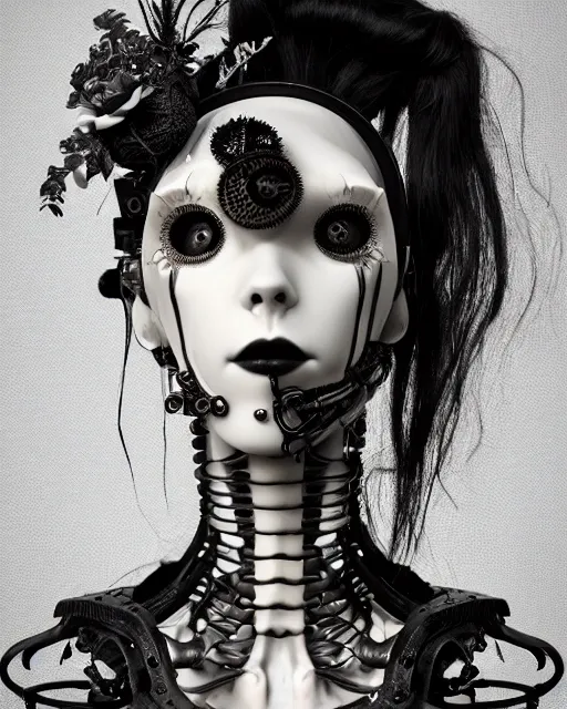 Image similar to black and white dreamy foggy smoky profile face portrait, one silver steampunk realistic eye biomechanical beautiful young female cyclope - cyborg - robot bust, body ribs meshes,, volumetric light, hibiscus flowers, by hg giger, rim light, by dora maar and cecile beaton, big gothic fashion pearl embroidered collar, 8 k