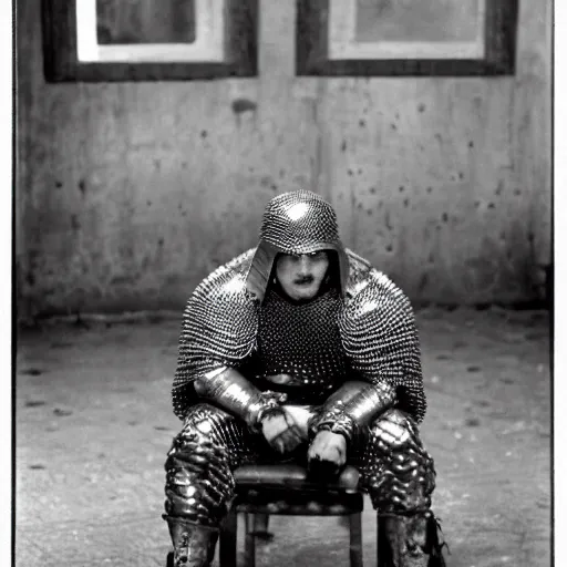 Image similar to a man wearing full chainmail, sitting in waitin room, film still