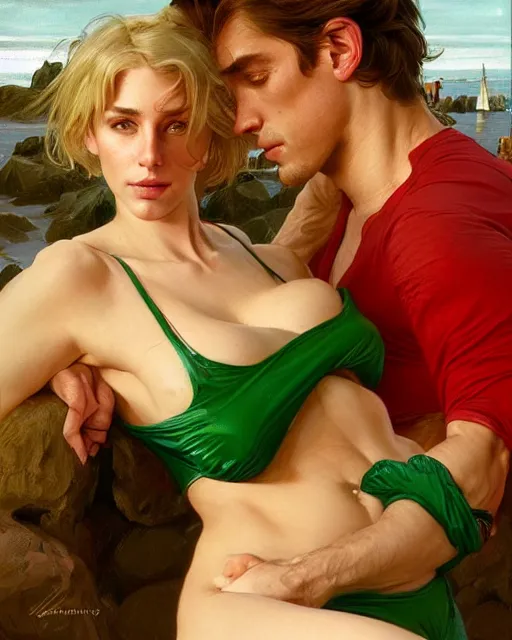 Prompt: Portrait of male model & a blonde woman wearing a green & red bikini cooking sardines in Porto,real life skin, intricate, elegant, highly detailed, artstation, concept art, smooth, sharp focus, art by artgerm and greg rutkowski and alphonse mucha