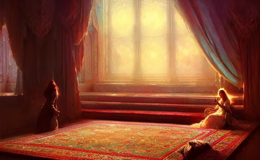 Image similar to magic fluffy Persian carpet dimension, by Greg Rutkowski and Gaston Bussiere, dim lighting, beautiful volumetric-lighting-style atmosphere, surreal atmosphere, intricate, detailed, photorealistic imagery, artstation