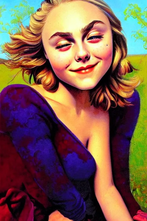 Image similar to Annasophia Robb cute surprised, eyes closed, bliss, highly detailed, painted by John Singer Sargant, Greg Rutkowki, Frank Frazetta