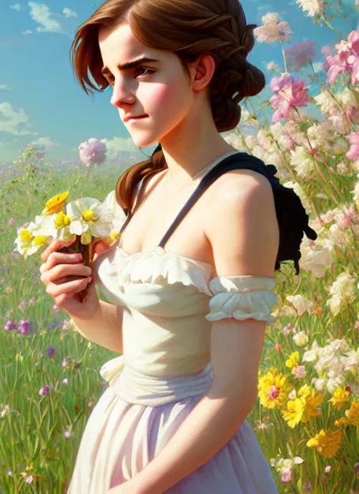 Prompt: cute buxom emma watson milkmaid, natural lighting, path traced, highly detailed, high quality, digital painting, by don bluth and ross tran and studio ghibli and alphonse mucha, artgerm