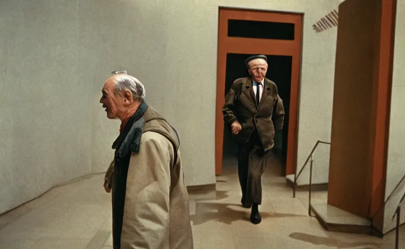 Image similar to 60s movie still close-up portrait of an elder soviet man walking in an empty sovietic museum with propaganda fresco, by David Bailey, Cinestill 800t 50mm eastmancolor, heavy grainy picture, very detailed, high quality, 4k, HD criterion, precise texture and facial expression