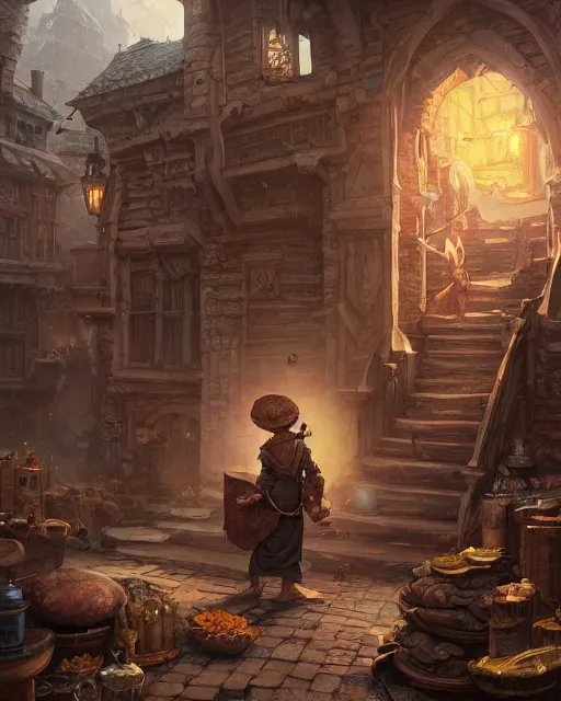 Image similar to A merchant selling treasuries, highly detailed store, fantasy art, goblin art, in the style of greg rutkowski, illustration, epic, fantasy, intricate, hyper detailed, artstation, concept art, smooth, sharp focus, ray tracing