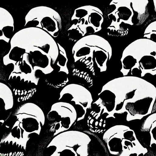 Prompt: Skulls lying on a shelf. Close Up Shot, Dark Fantasy, Film Noir, Black and White. High Contrast, Mike Mignola, D&D, OSR