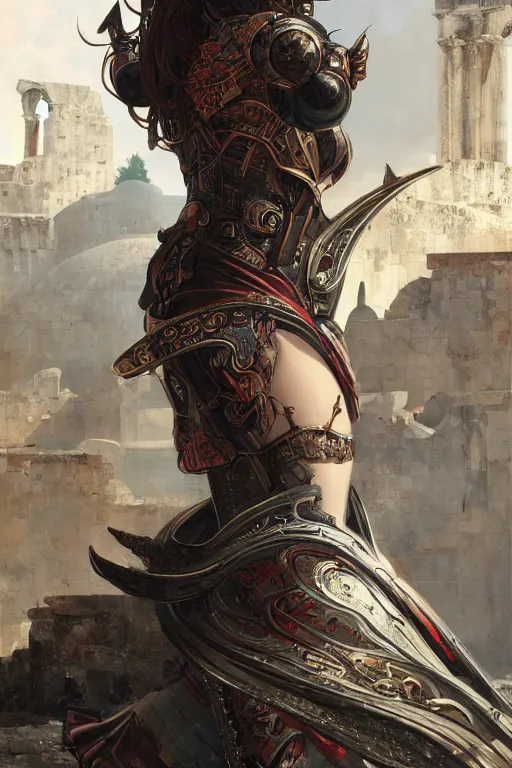 Image similar to portrait knights of Zodiac girl, metallic black and reddish reflected armor, in ruined Agora of Athens, ssci-fi, fantasy, intricate, very very beautiful, elegant, highly detailed, digital painting, artstation, concept art, smooth, sharp focus, illustration, art by tian zi and WLOP and alphonse mucha