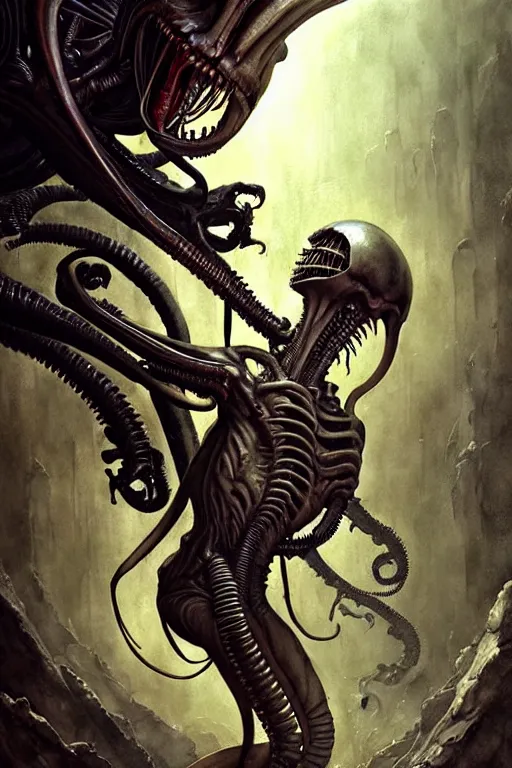 Image similar to xenomorph and david | esoteric symbolism | jean - baptiste monge, esao andrews, bastien lecouffe - deharme, tim jacobus, ken currie | ultra - detailed realism, soft cinematic lighting, hi - fructose, artstation, high - quality, ink watercolors wes anderson poster art