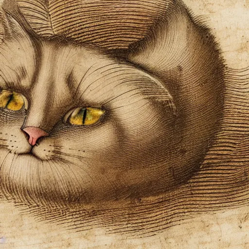 Prompt: da vinci manuscript of a fluffy cat, high quality, coherent, hd, 8k