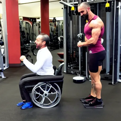 Prompt: pablo echenique robba as a bodybuilder in a gym lifting weights sitting in his wheelchair