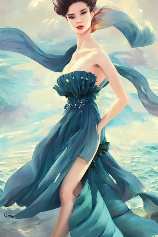 Image similar to a beautiful fashion goddness of love, chic strapless dress, tropical sea background, character design, in the style of artgerm, and wlop, cinematic lighting, hyperdetailed, 8 k realistic, symmetrical, global illumination, radiant light, frostbite 3 engine, cryengine, dof, trending on artstation, digital art