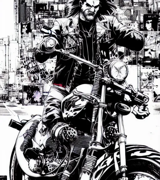 Prompt: kurt russell the biker criminal, comic book art, by yoji shinkawa and takehiko inoue and kim jung gi, masterpiece, perfect