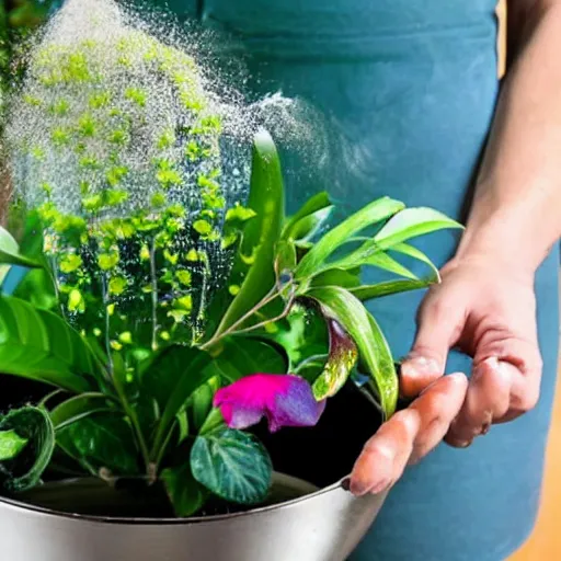 Prompt: a hand held kitchen mixer mixing plants, trees, and flowers forming a tornado in a large bowl