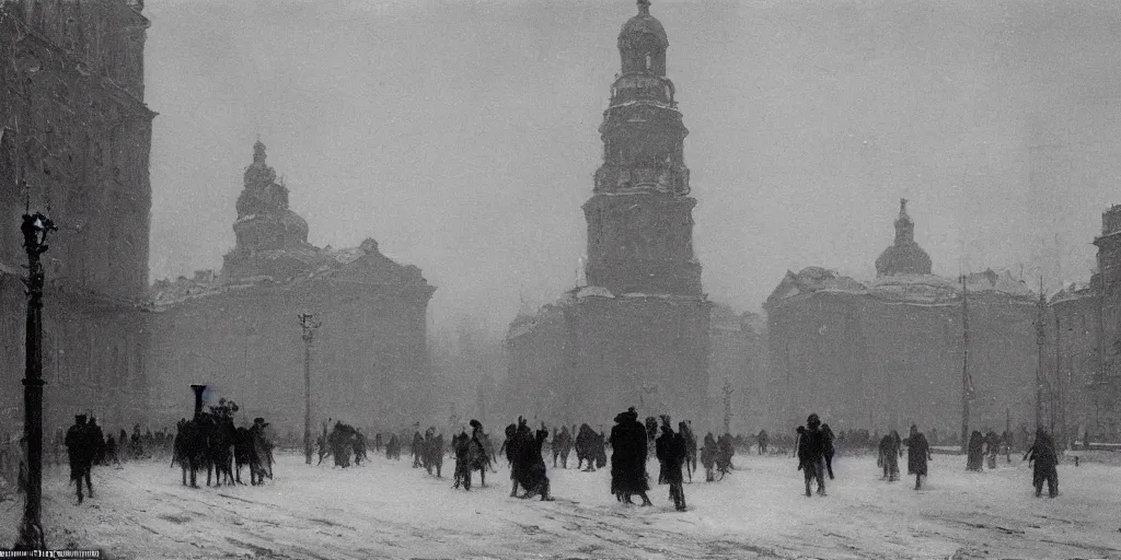 Image similar to Saint Petersburg in 1914 in winter, evening, guarded by a giant steam robot, Rozalski